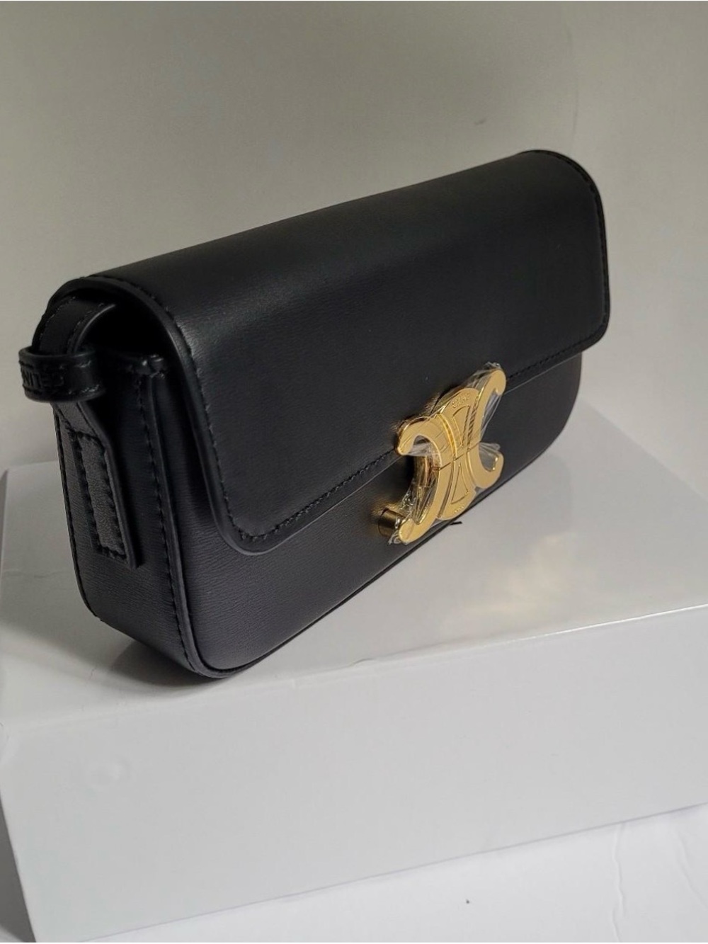 Black Leather Crossbody Bag with Gold Hardware